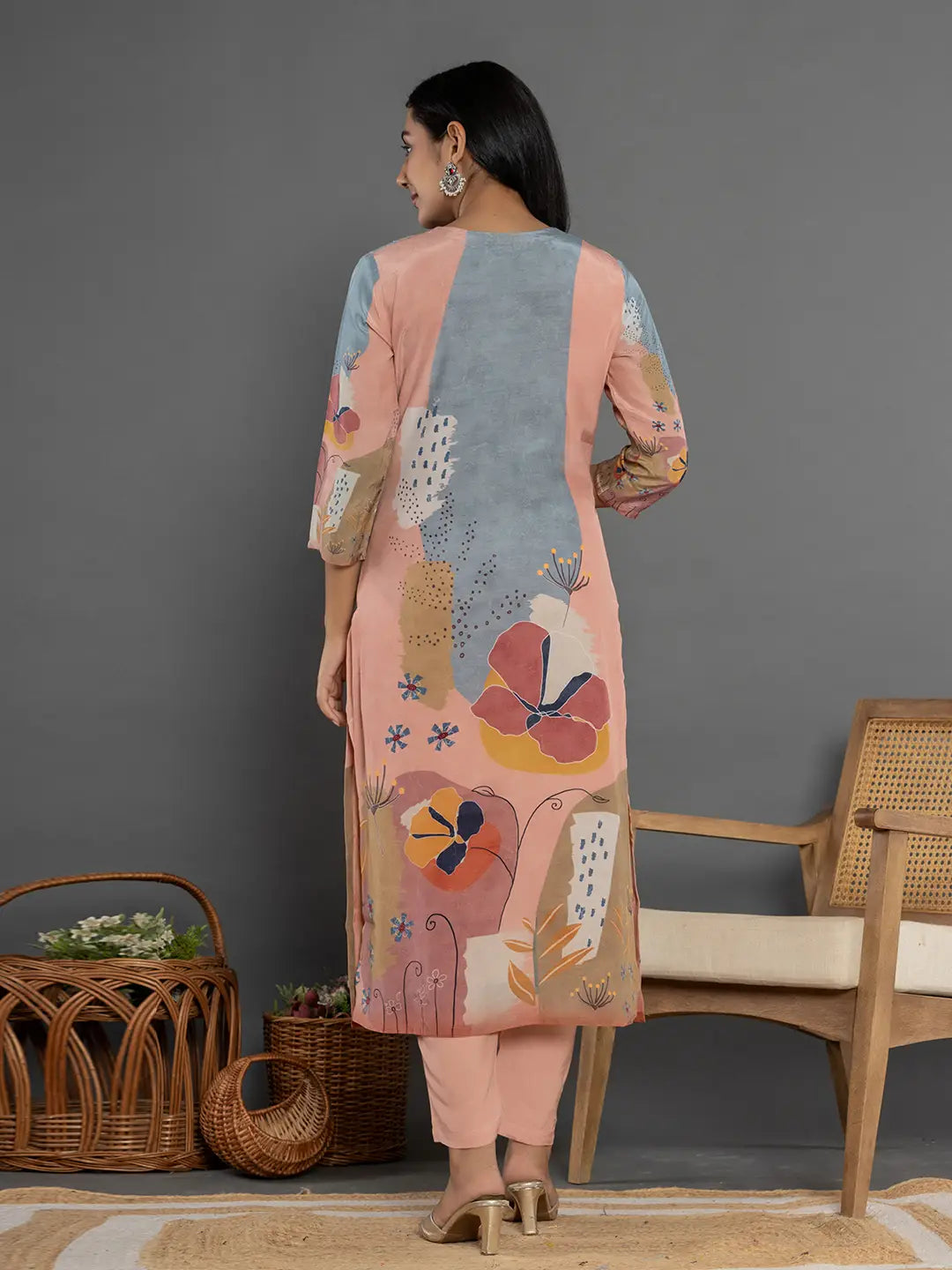 Multi Pure Crepe Placement Print Kurta Dupatta Set-Yufta Store-7079SKDMTS