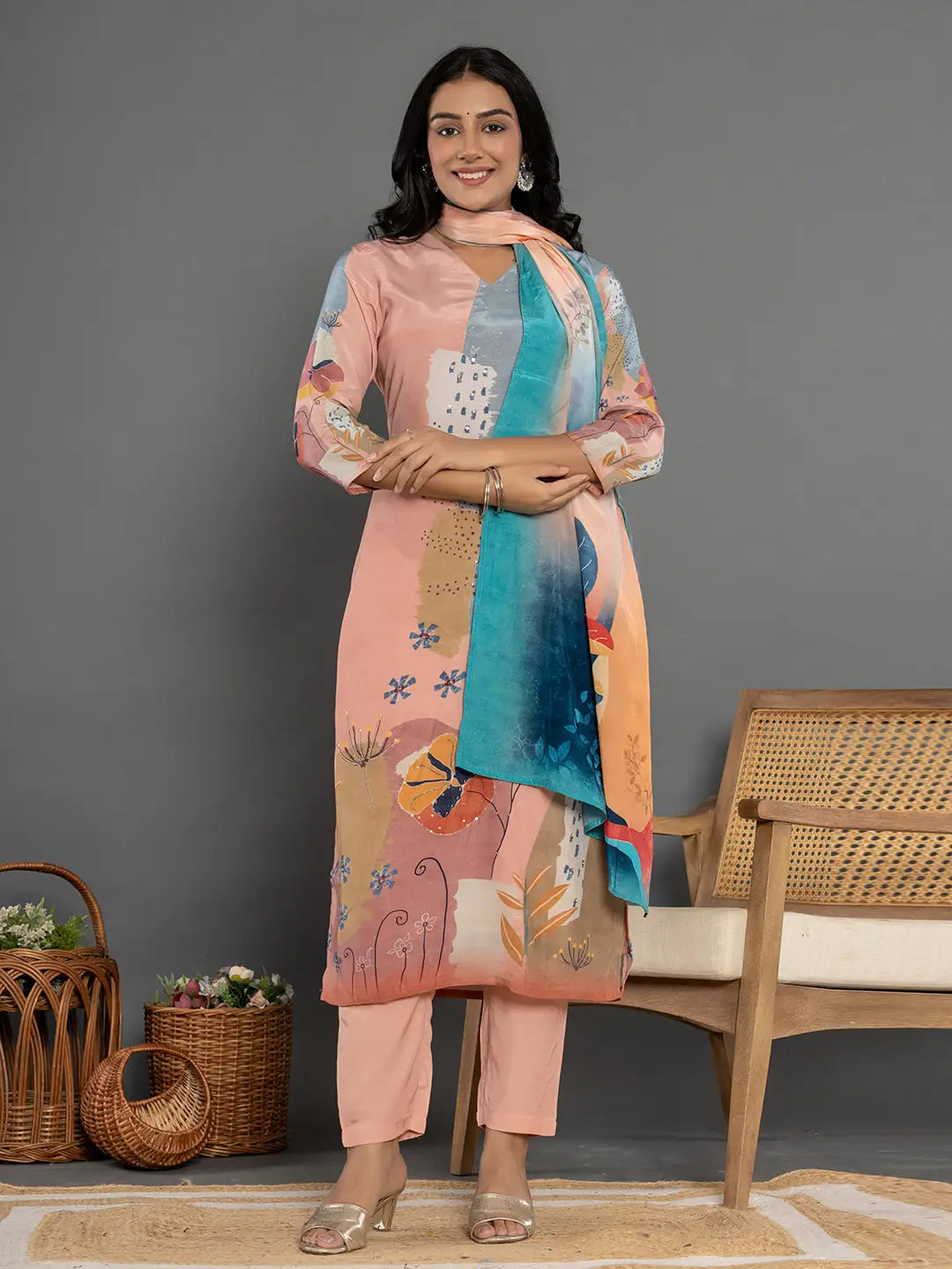 Multi Pure Crepe Placement Print Kurta Dupatta Set-Yufta Store-7079SKDMTS