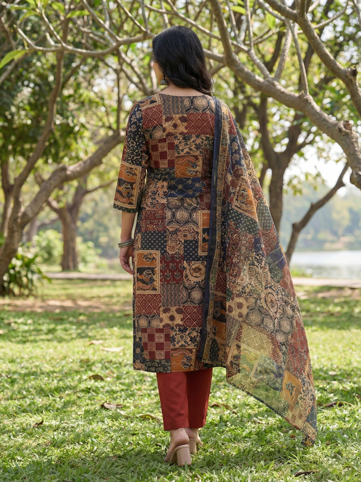 Multi Straight Ethnic Motifs Print Kurta Trouser Dupatta Set-Yufta Store-7674SKDMTM
