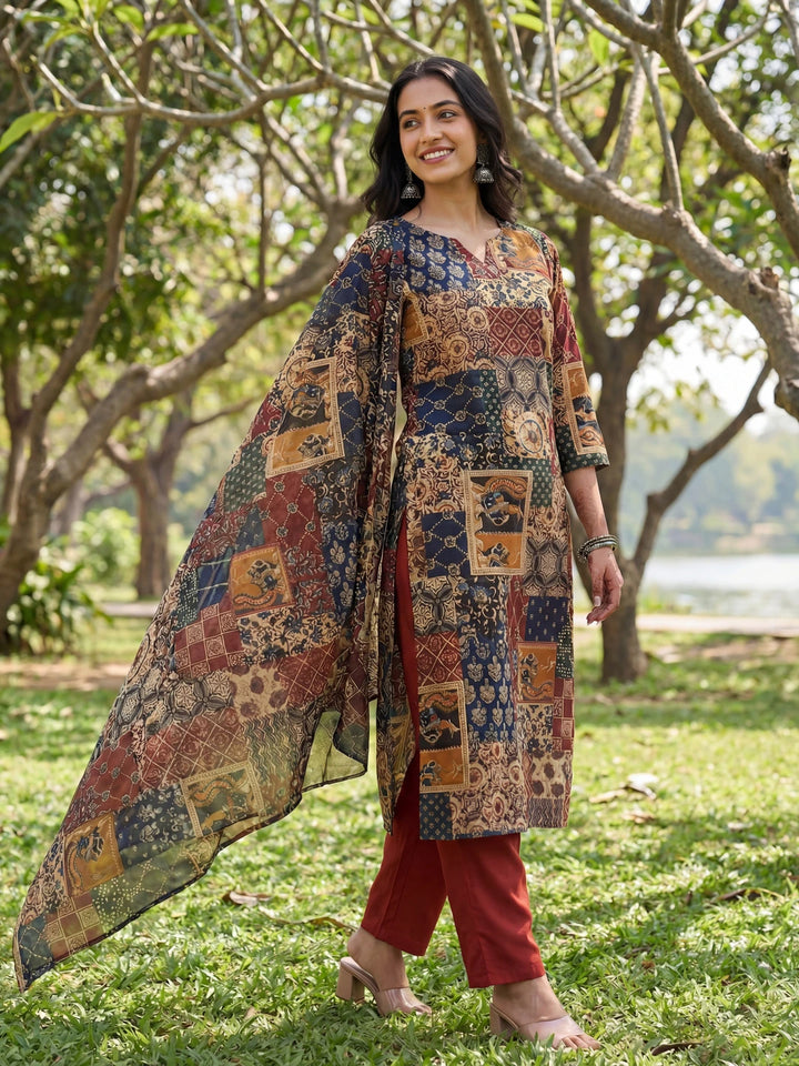 Multi Straight Ethnic Motifs Print Kurta Trouser Dupatta Set-Yufta Store-7674SKDMTM