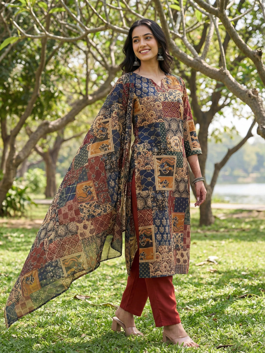 Multi Straight Ethnic Motifs Print Kurta Trouser Dupatta Set-Yufta Store-7674SKDMTM