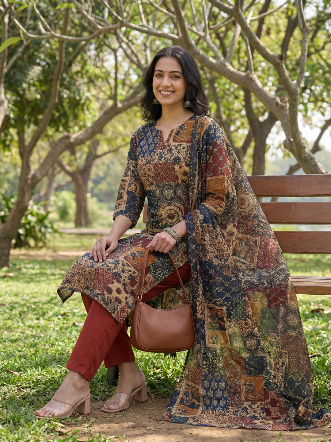 Multi Straight Ethnic Motifs Print Kurta Trouser Dupatta Set-Yufta Store-7674SKDMTM