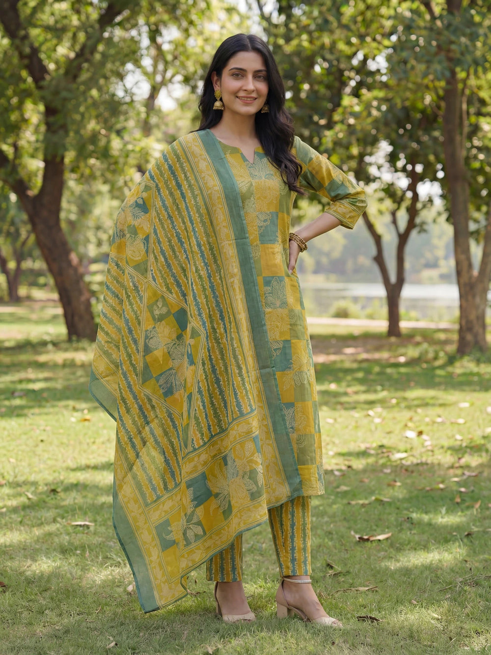 Multi Straight Floral Geometric Print Kurta Trouser Dupatta Set-Yufta Store-7678SKDMTM