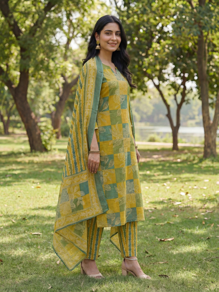 Multi Straight Floral Geometric Print Kurta Trouser Dupatta Set-Yufta Store-7678SKDMTM