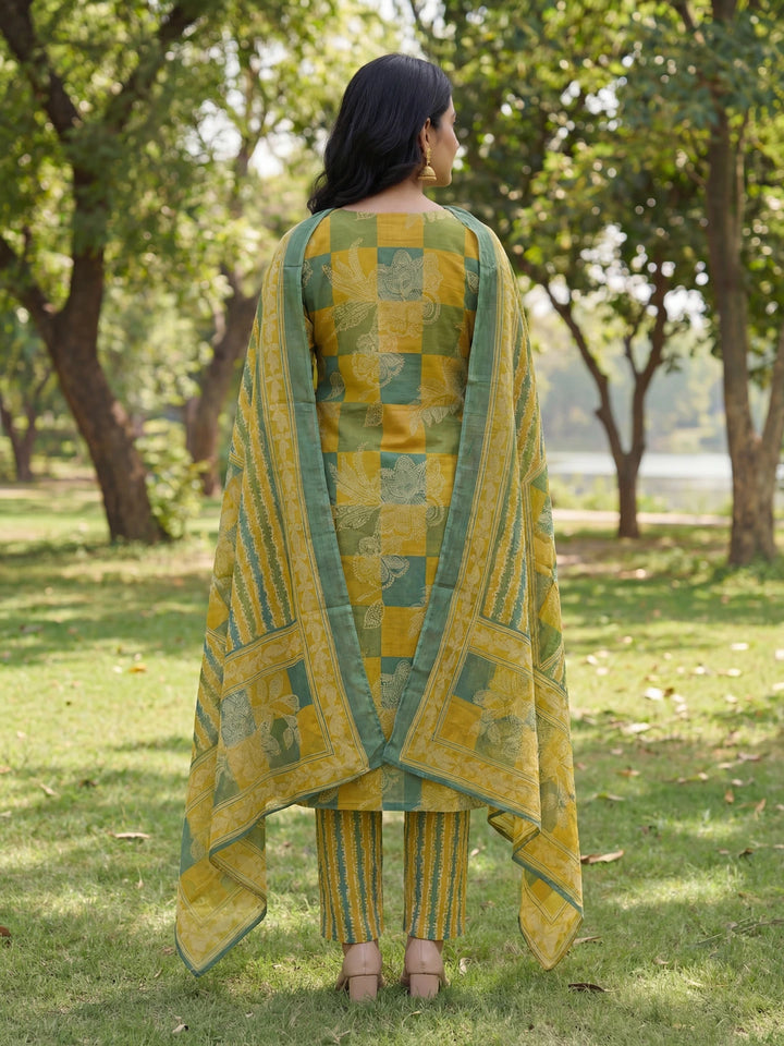 Multi Straight Floral Geometric Print Kurta Trouser Dupatta Set-Yufta Store-7678SKDMTM