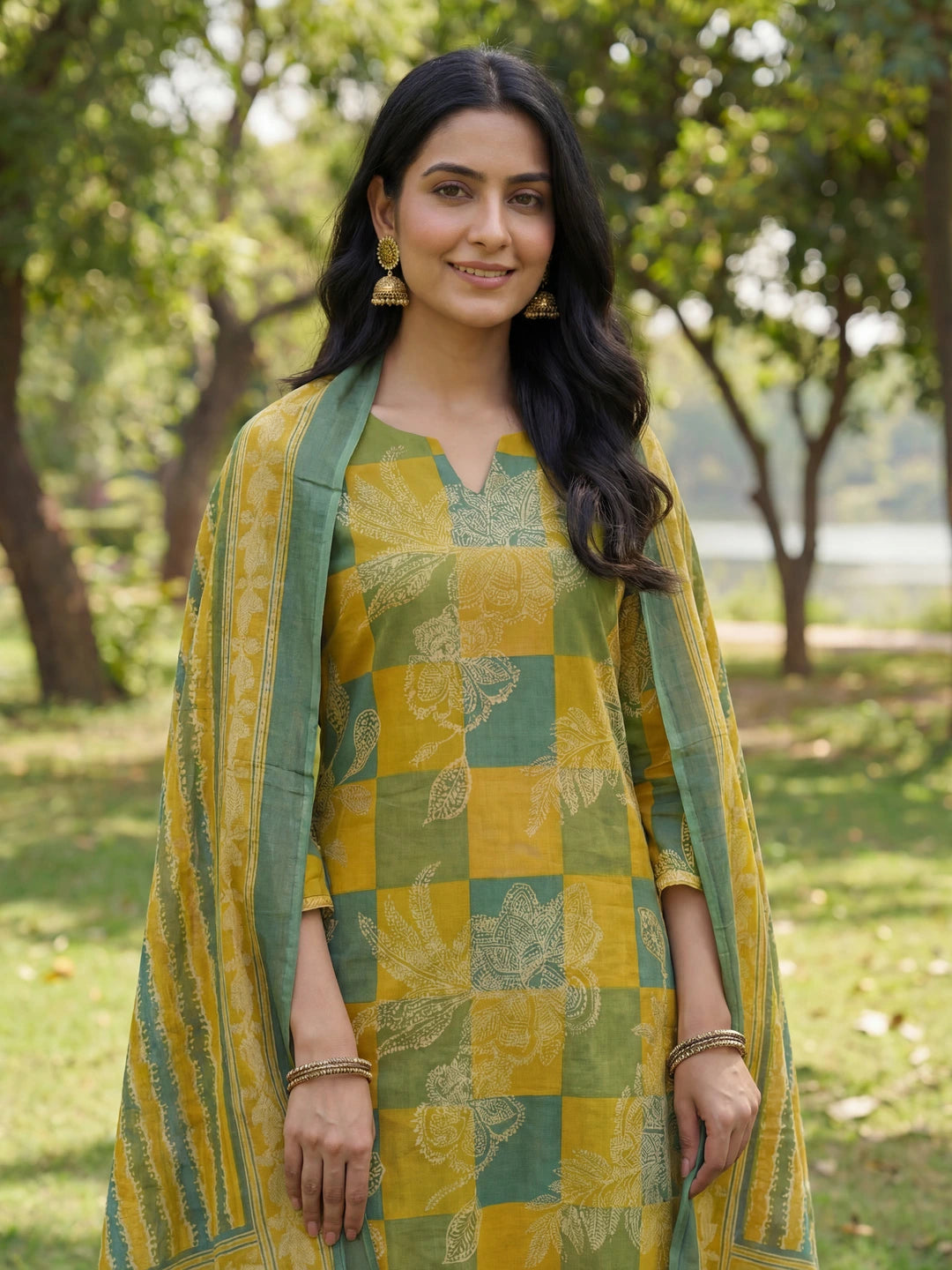 Multi Straight Floral Geometric Print Kurta Trouser Dupatta Set-Yufta Store-7678SKDMTM