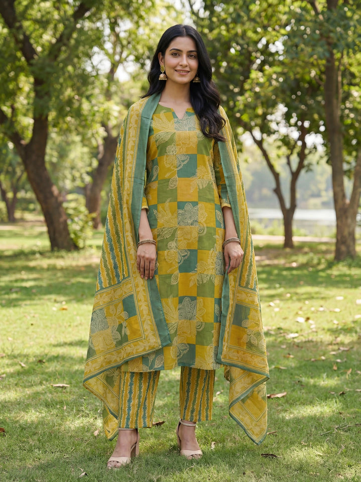 Multi Straight Floral Geometric Print Kurta Trouser Dupatta Set-Yufta Store-7678SKDMTM