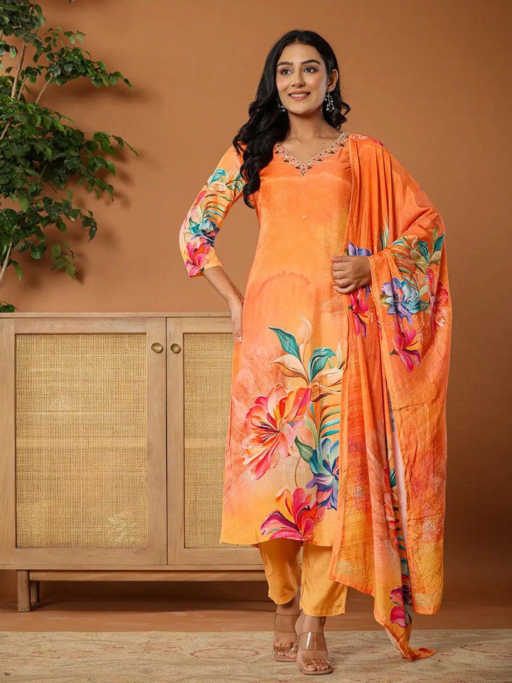 Muslin Orange Kurta Dupatta Pant Set-Yufta Store-6077SKDORS