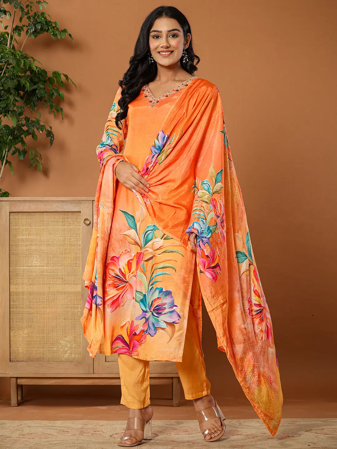 Muslin Orange Kurta Dupatta Pant Set-Yufta Store-6077SKDORS