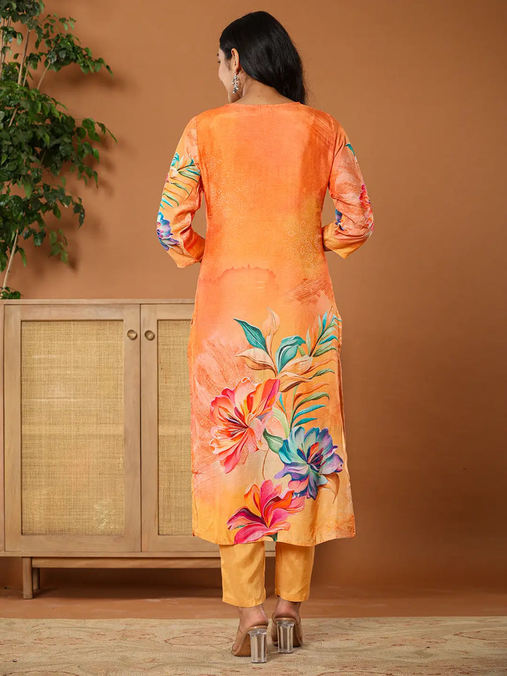 Muslin Orange Kurta Dupatta Pant Set-Yufta Store-6077SKDORS