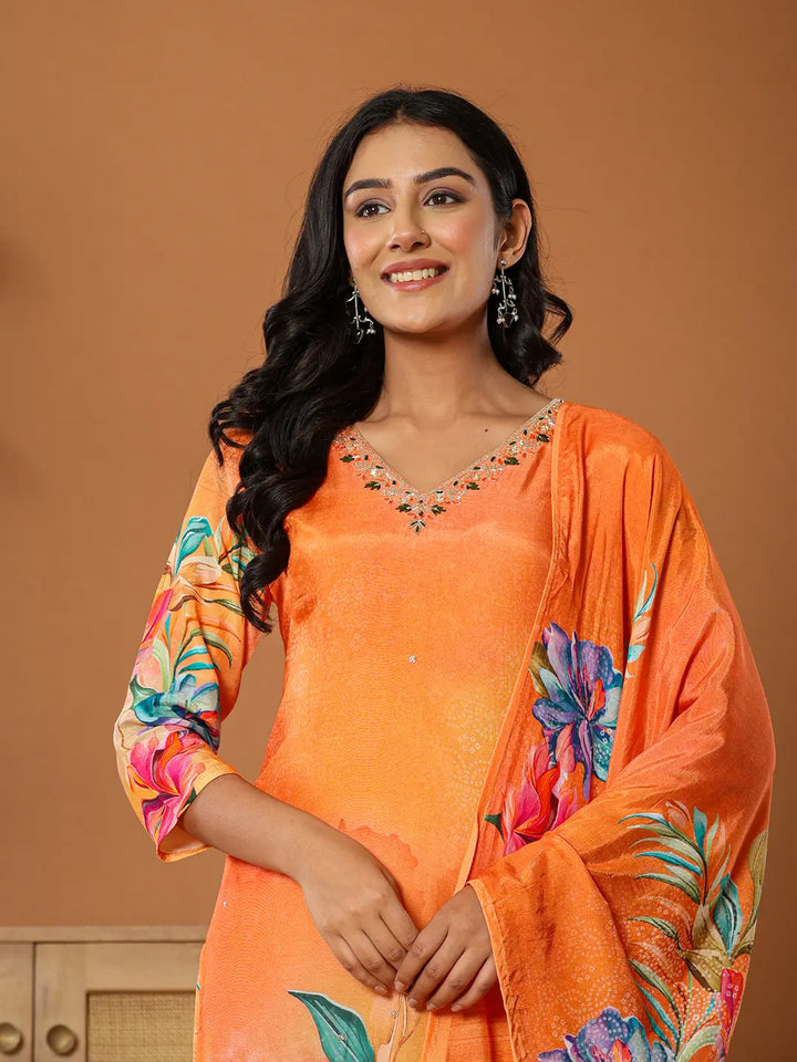 Muslin Orange Kurta Dupatta Pant Set-Yufta Store-6077SKDORS