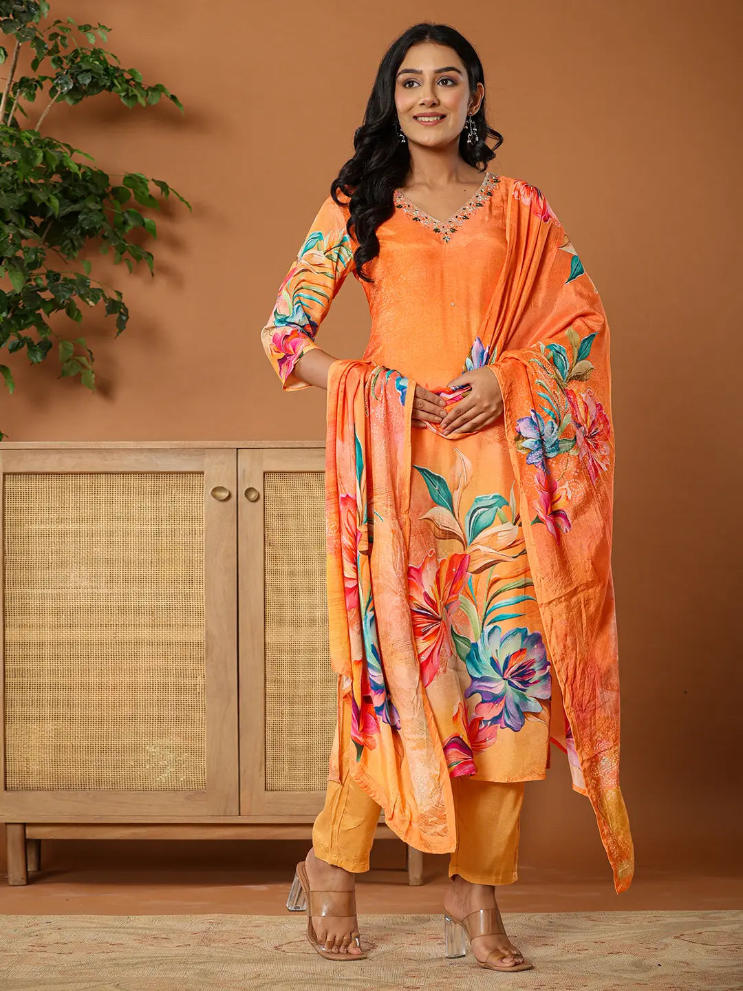 Muslin Orange Kurta Dupatta Pant Set-Yufta Store-6077SKDORS