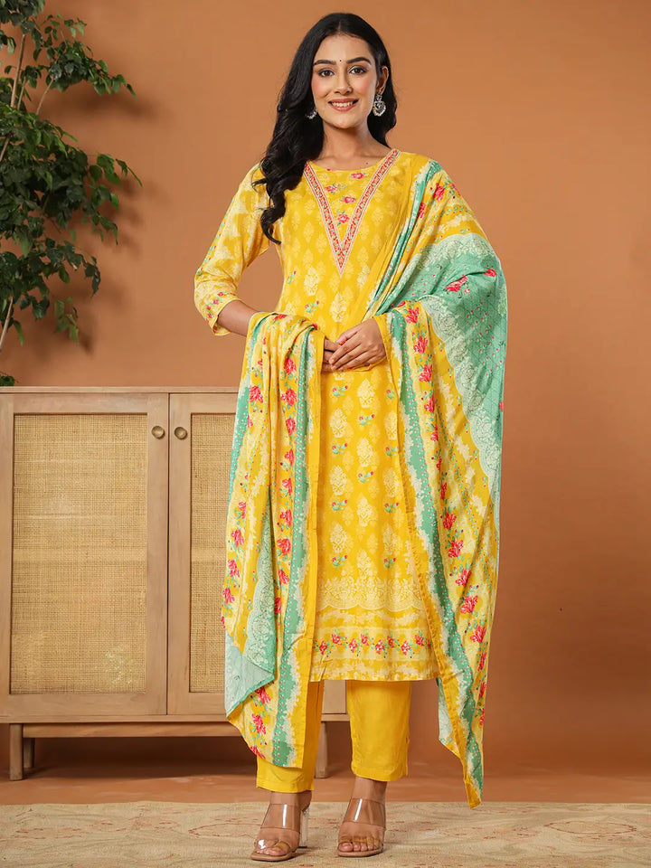 Muslin Mustard Hand_Embroidery Kurta Dupatta Pant Set-Yufta Store-6076SKDMSS