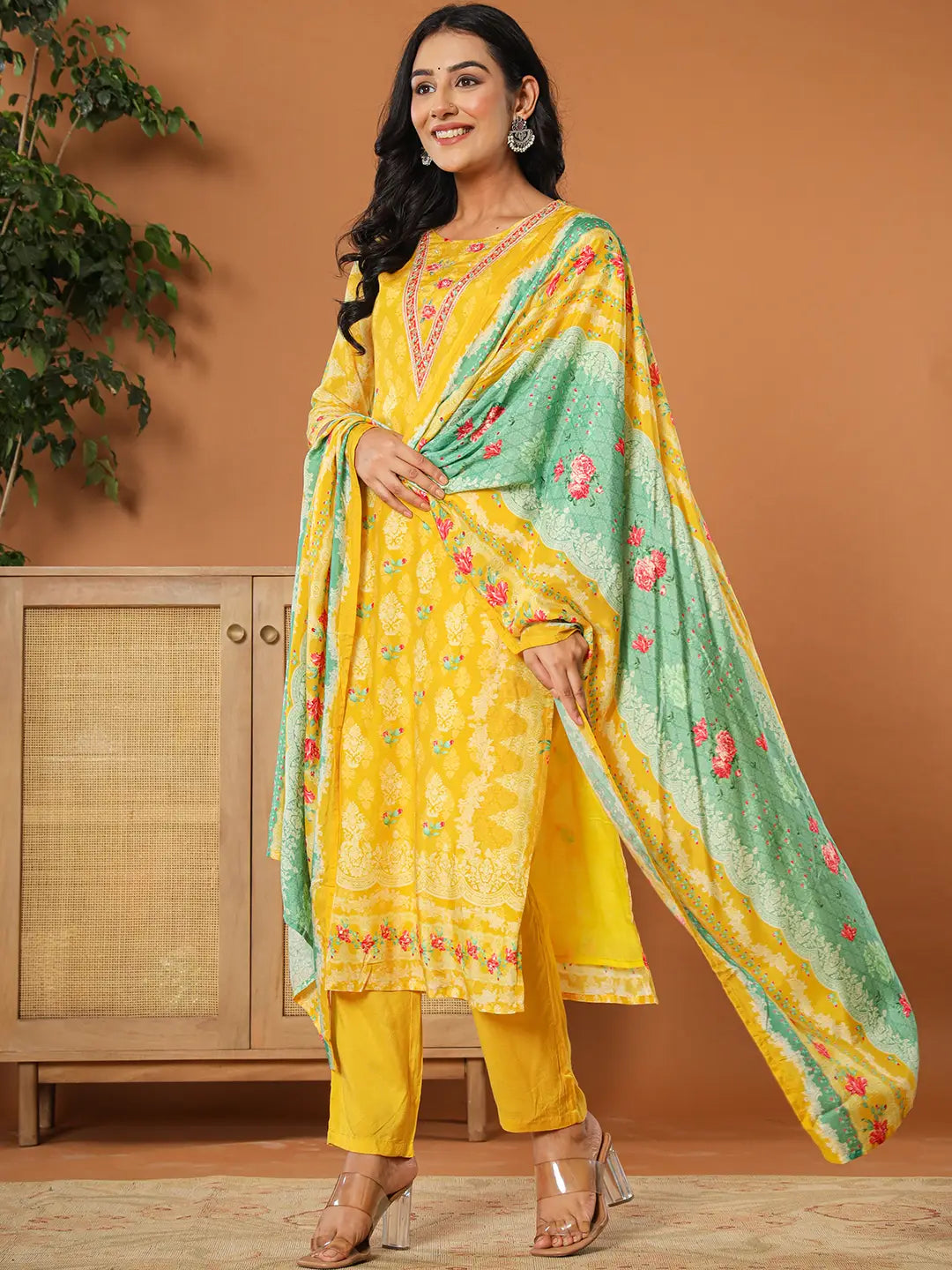 Muslin Mustard Hand_Embroidery Kurta Dupatta Pant Set-Yufta Store-6076SKDMSS