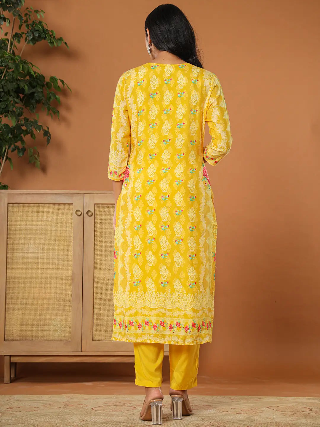 Muslin Mustard Hand_Embroidery Kurta Dupatta Pant Set-Yufta Store-6076SKDMSS