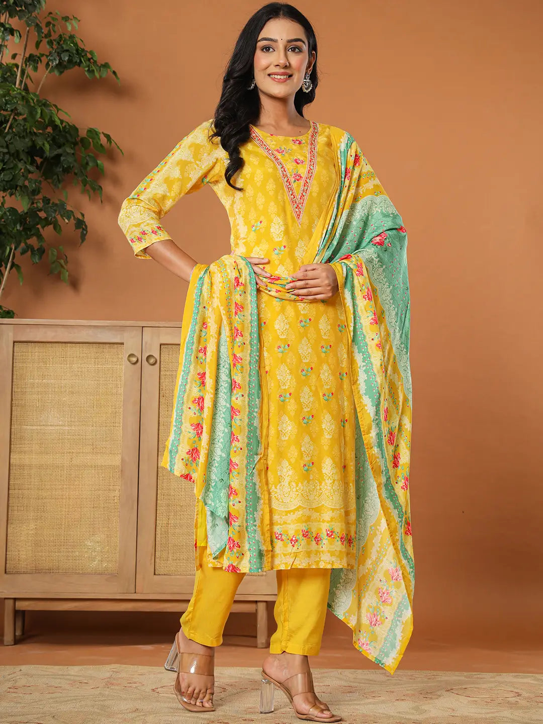 Muslin Mustard Hand_Embroidery Kurta Dupatta Pant Set-Yufta Store-6076SKDMSS