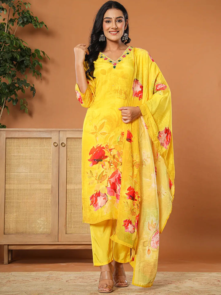 Muslin Mustard Kurta Dupatta Pant Set-Yufta Store-6079SKDMSS