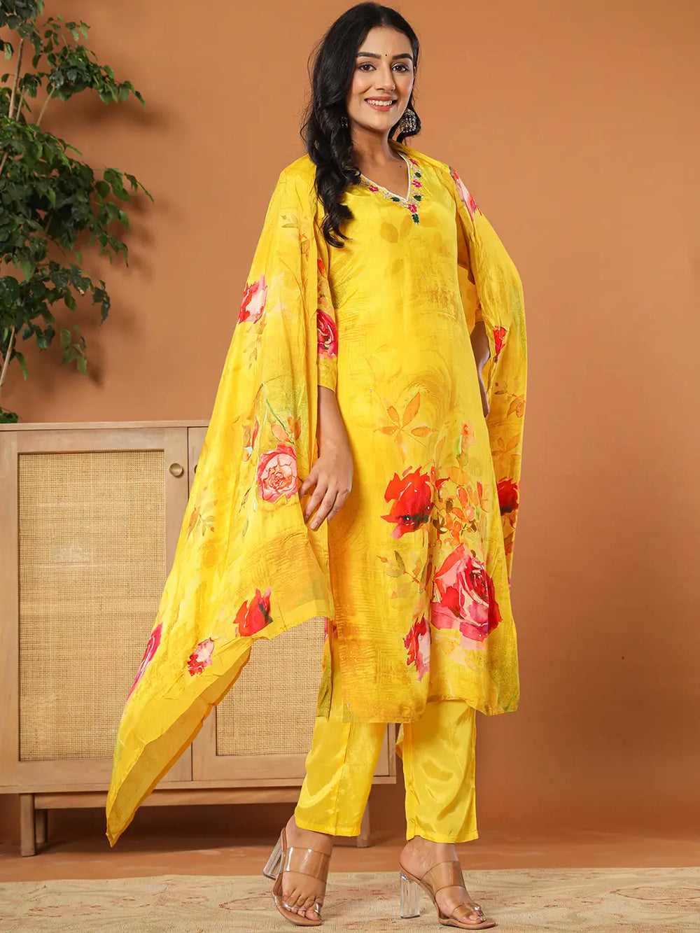 Muslin Mustard Kurta Dupatta Pant Set-Yufta Store-6079SKDMSS