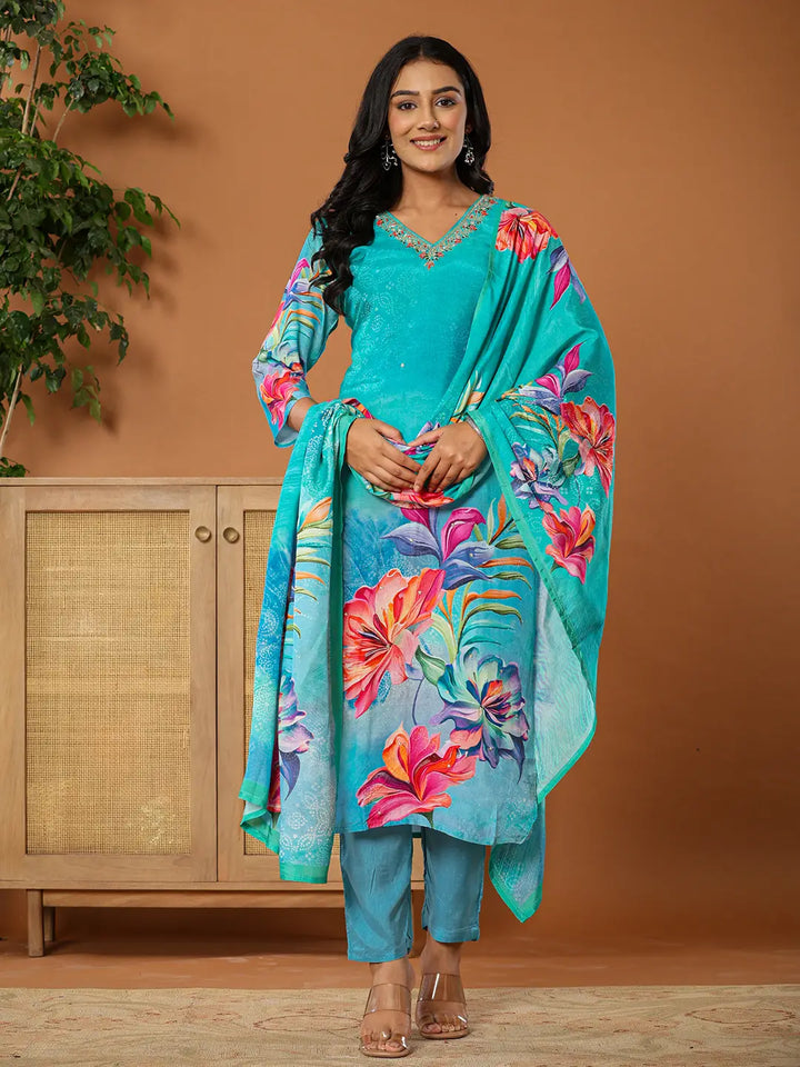 Muslin Blue Kurta Dupatta Pant Set-Yufta Store-6075SKDBLS