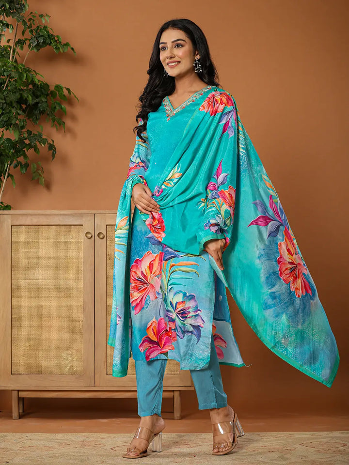 Muslin Blue Kurta Dupatta Pant Set-Yufta Store-6075SKDBLS