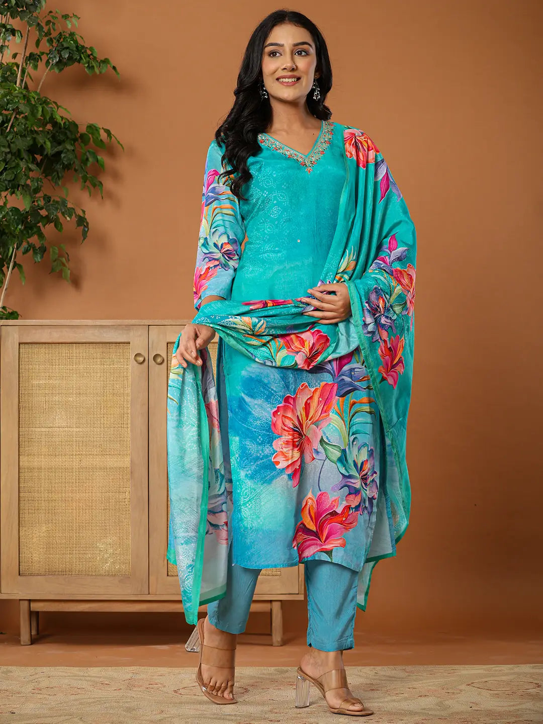 Muslin Blue Kurta Dupatta Pant Set-Yufta Store-6075SKDBLS