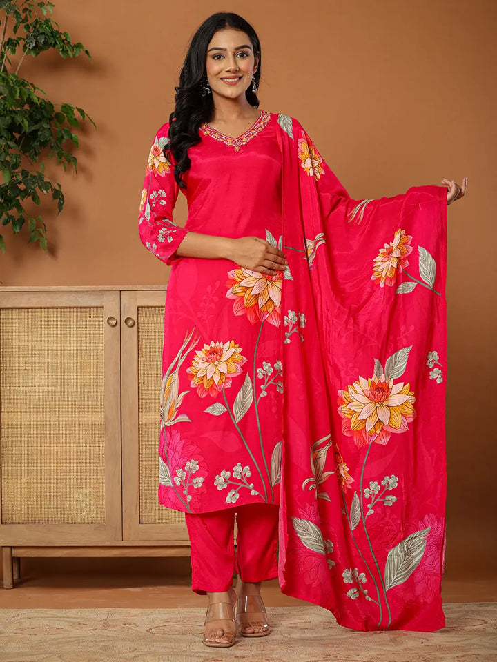 Muslin Pink Kurta Dupatta Pant Set-Yufta Store-6078SKDPKS