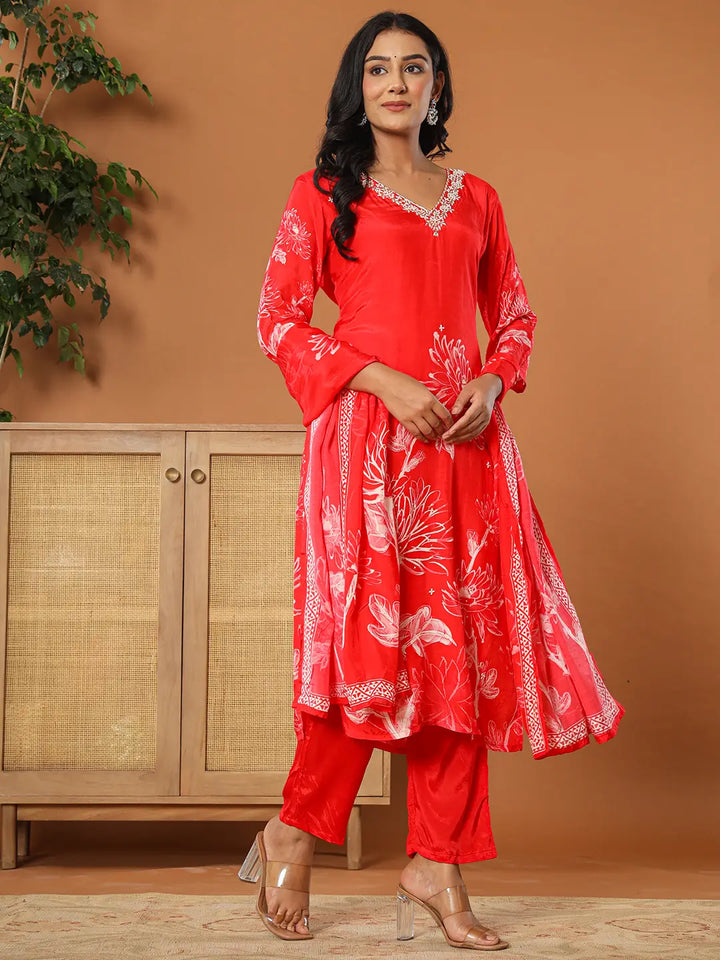 Muslin Red Hand_Embroidery Kurta Dupatta Pant Set-Yufta Store-6074SKDRDS