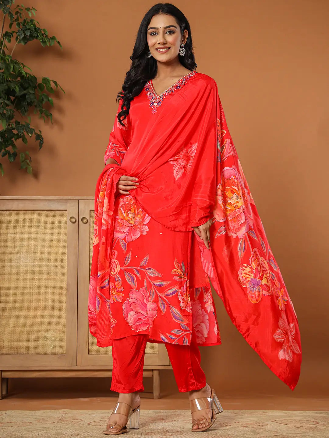 Muslin Red Kurta Dupatta Pant Set-Yufta Store-6080SKDRDS