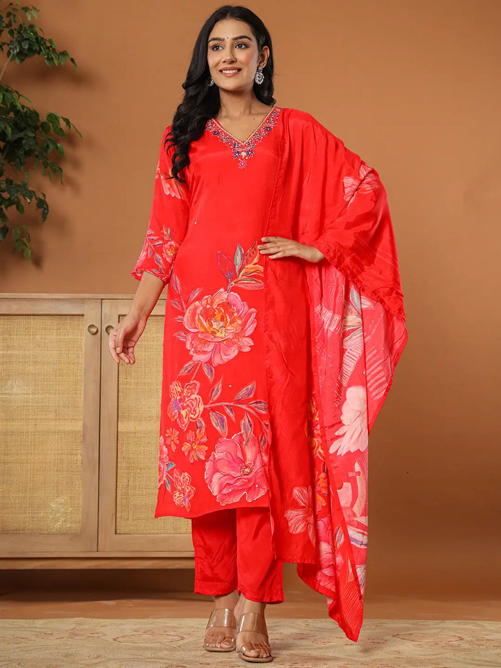 Muslin Red Kurta Dupatta Pant Set-Yufta Store-6080SKDRDS