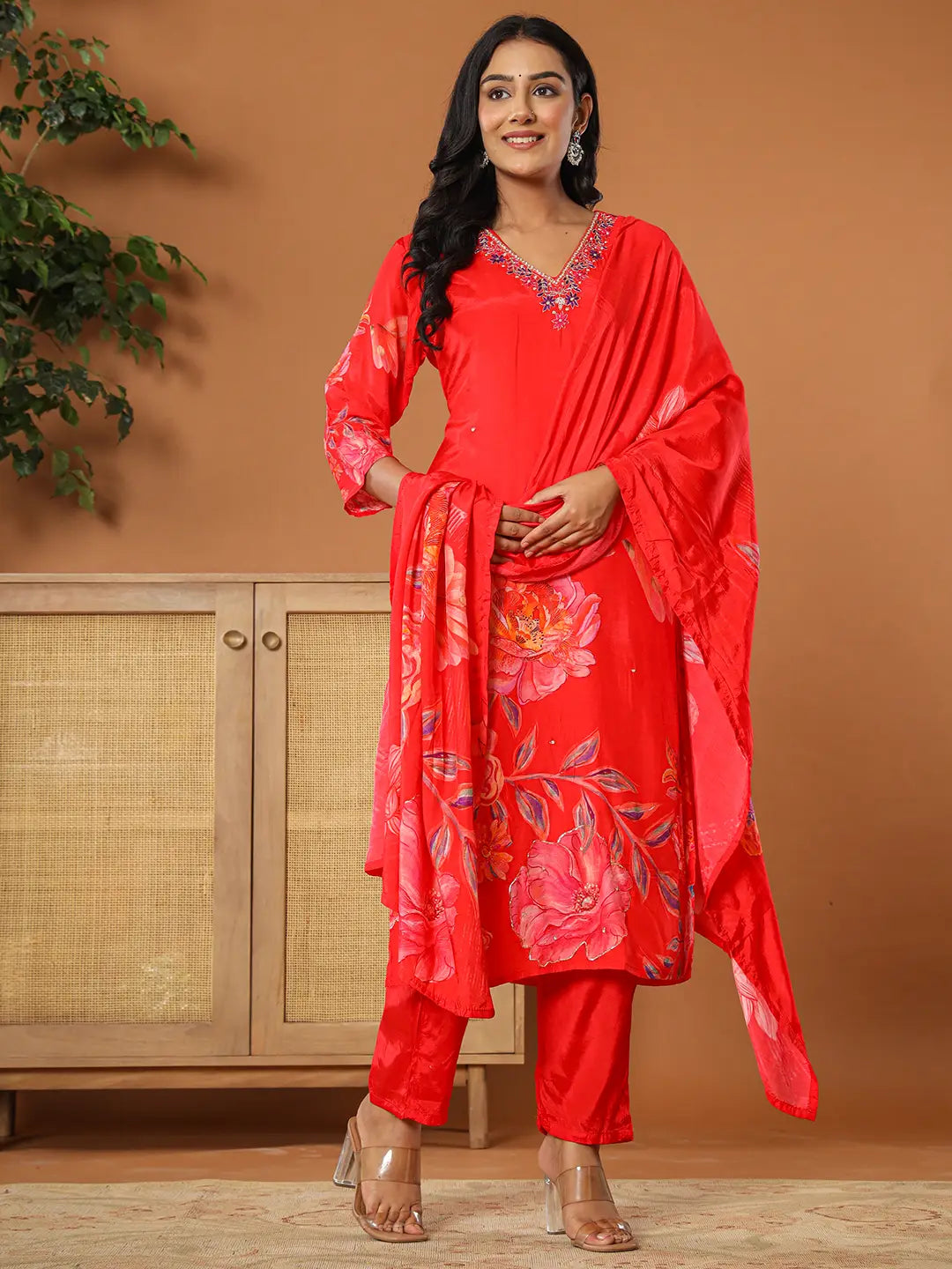 Muslin Red Kurta Dupatta Pant Set-Yufta Store-6080SKDRDS