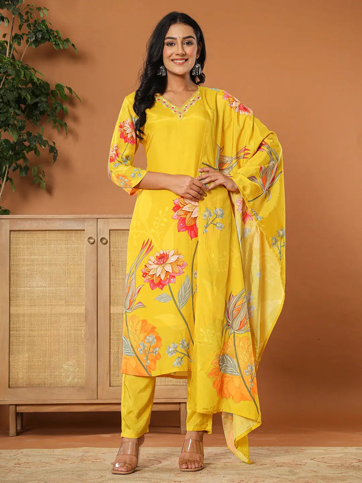 Mustard Muslin Hand_Embroidery V-Neck Kurta Dupatta Pant Set-Yufta Store-6078SKDMSS