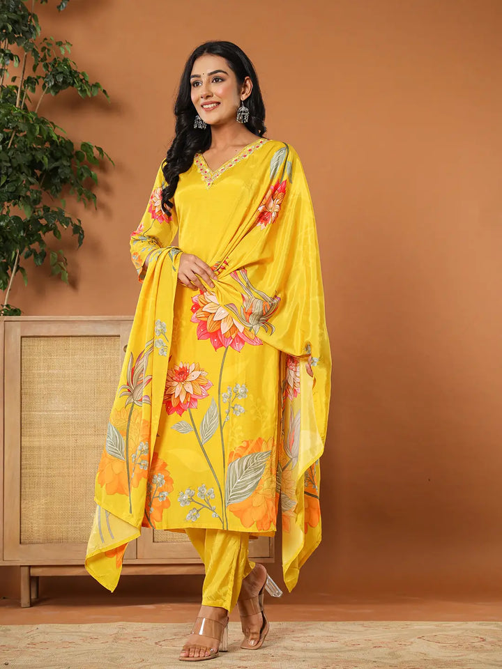 Mustard Muslin Hand_Embroidery V-Neck Kurta Dupatta Pant Set-Yufta Store-6078SKDMSS