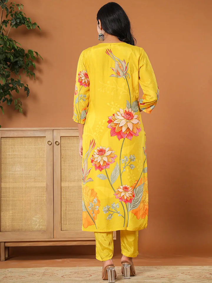 Mustard Muslin Hand_Embroidery V-Neck Kurta Dupatta Pant Set-Yufta Store-6078SKDMSS