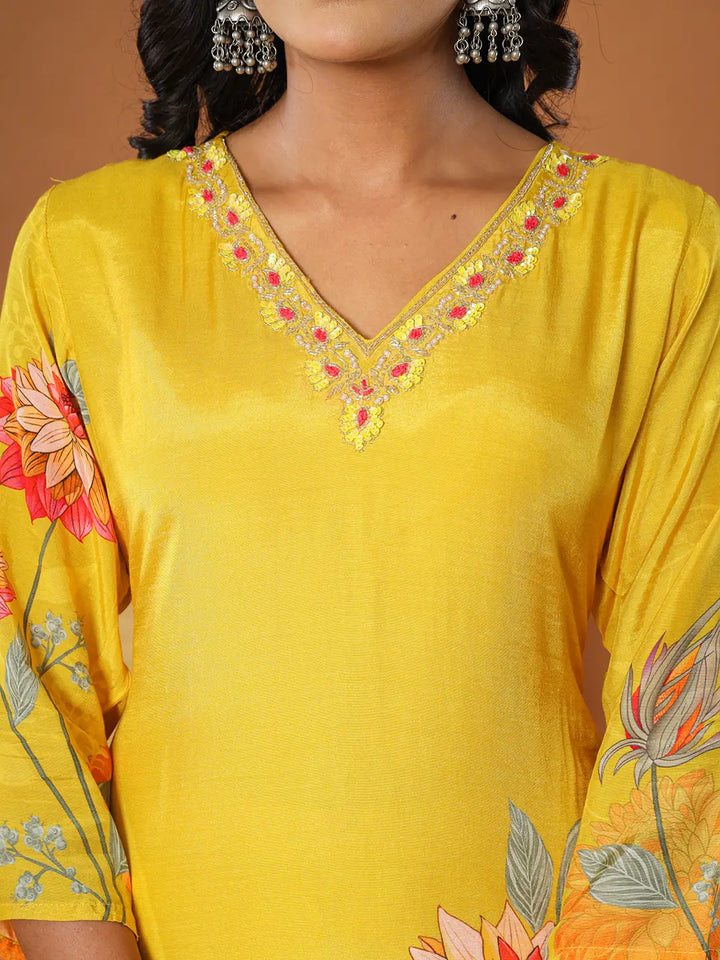 Mustard Muslin Hand_Embroidery V-Neck Kurta Dupatta Pant Set-Yufta Store-6078SKDMSS