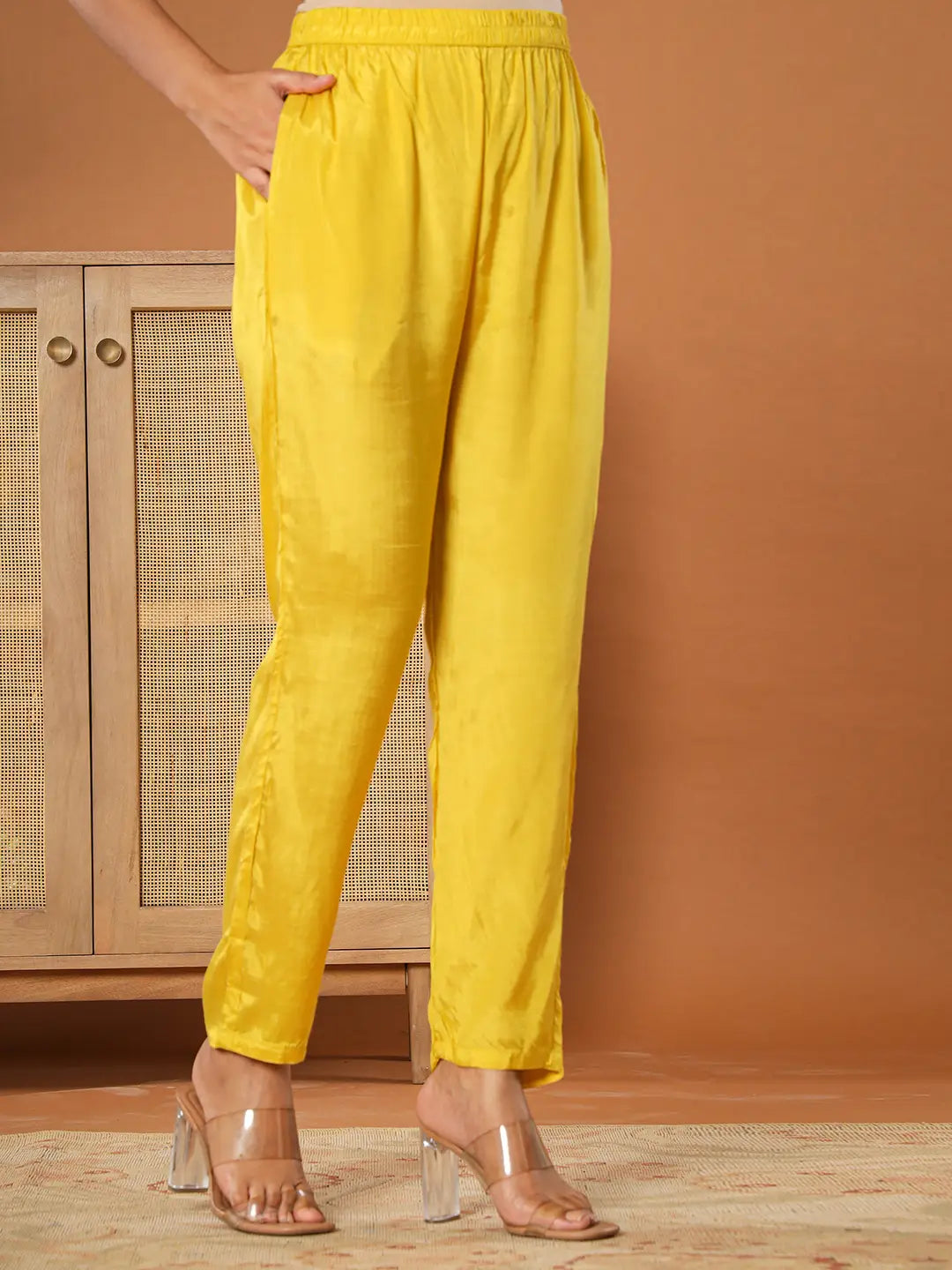 Mustard Muslin Hand_Embroidery V-Neck Kurta Dupatta Pant Set-Yufta Store-6078SKDMSS