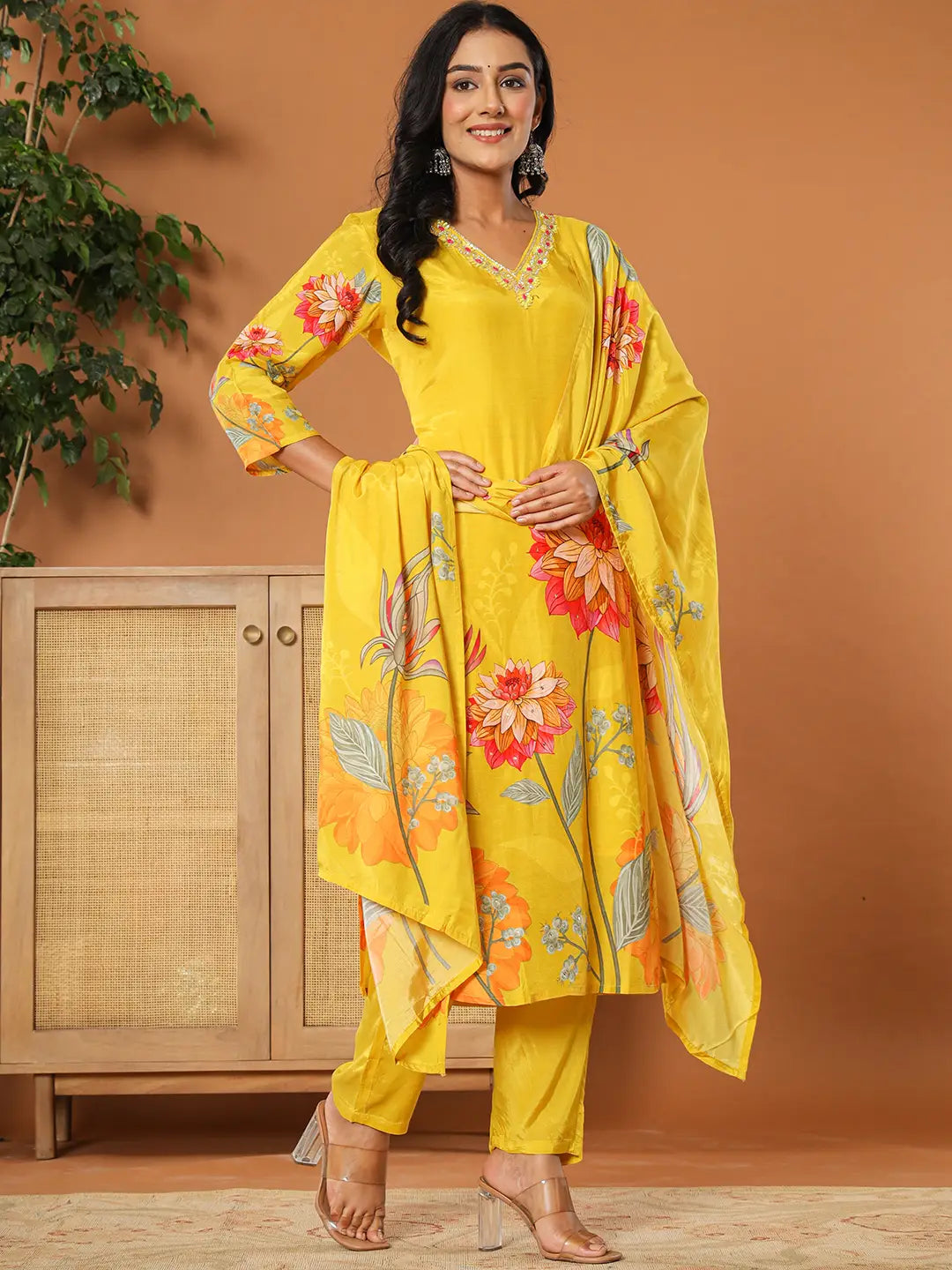 Mustard Muslin Hand_Embroidery V-Neck Kurta Dupatta Pant Set-Yufta Store-6078SKDMSS