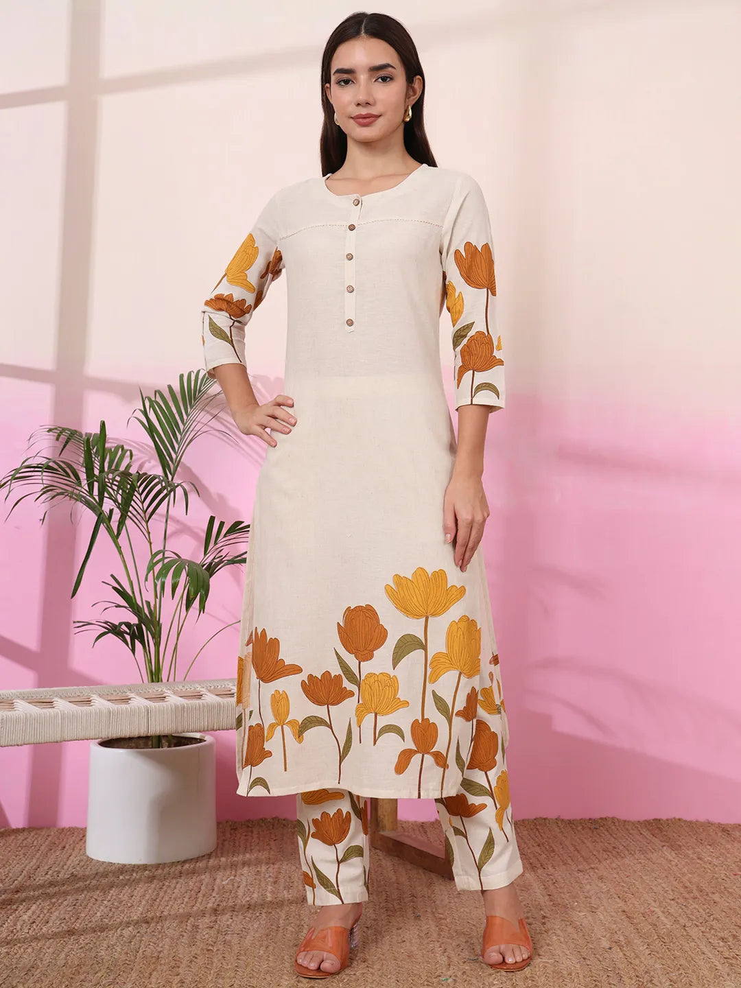 Mustard And Cream Cotton Floral Print Straight Kurta Trouser Set-Yufta Store-1064SETMSS