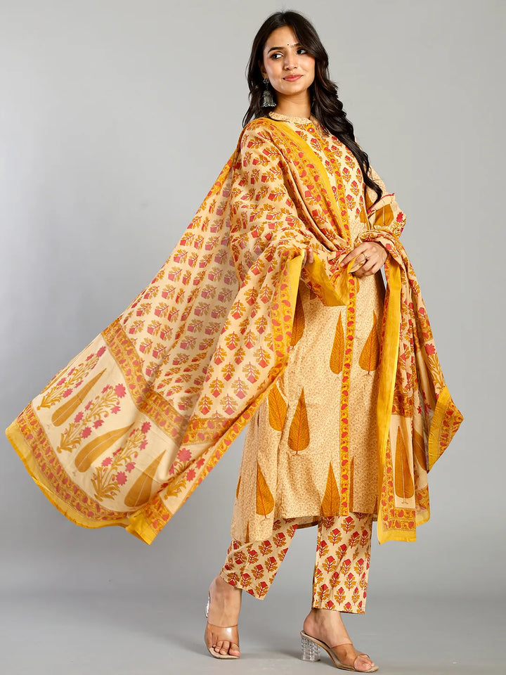 Mustard And Cream Ethnic Motifs Cotton A-Line Kurta Trouser Dupatta Set