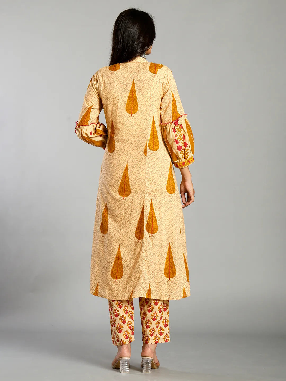 Mustard And Cream Ethnic Motifs Cotton A-Line Kurta Trouser Dupatta Set