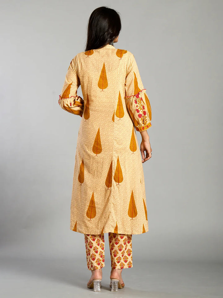 Mustard And Cream Ethnic Motifs Cotton A-Line Kurta Trouser Dupatta Set