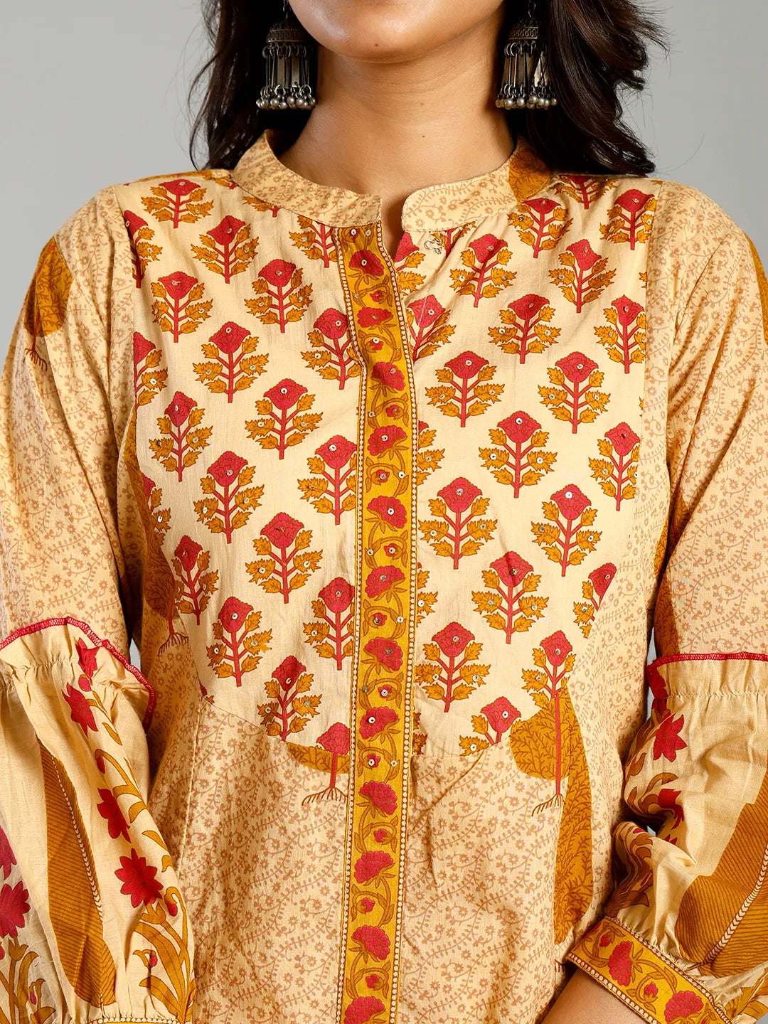 Mustard And Cream Ethnic Motifs Cotton A-Line Kurta Trouser Dupatta Set