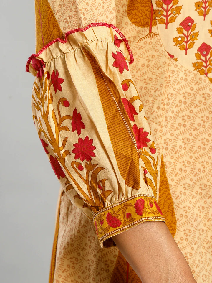 Mustard And Cream Ethnic Motifs Cotton A-Line Kurta Trouser Dupatta Set