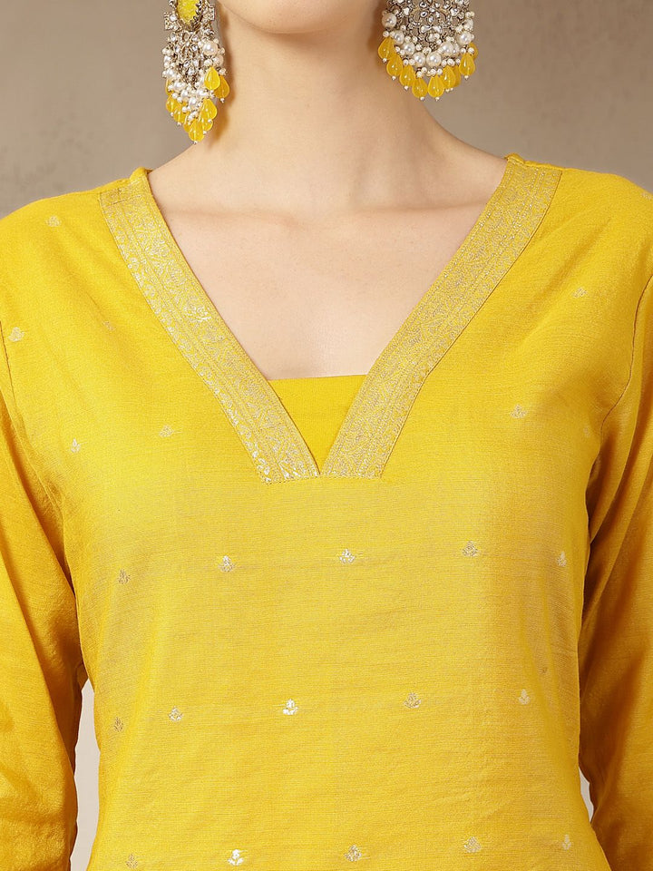 Mustard Chanderi Silk Straight Kurta Trouser Dupatta Set