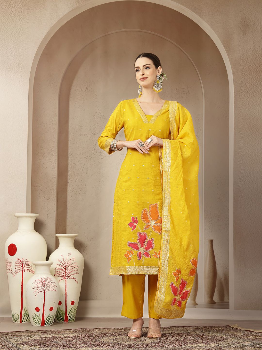 Mustard Chanderi Silk Straight Kurta Trouser Dupatta Set
