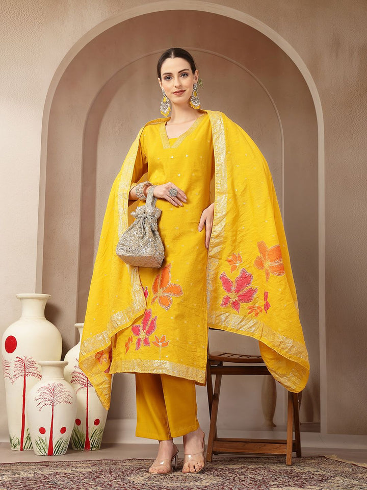 Mustard Chanderi Silk Straight Kurta Trouser Dupatta Set