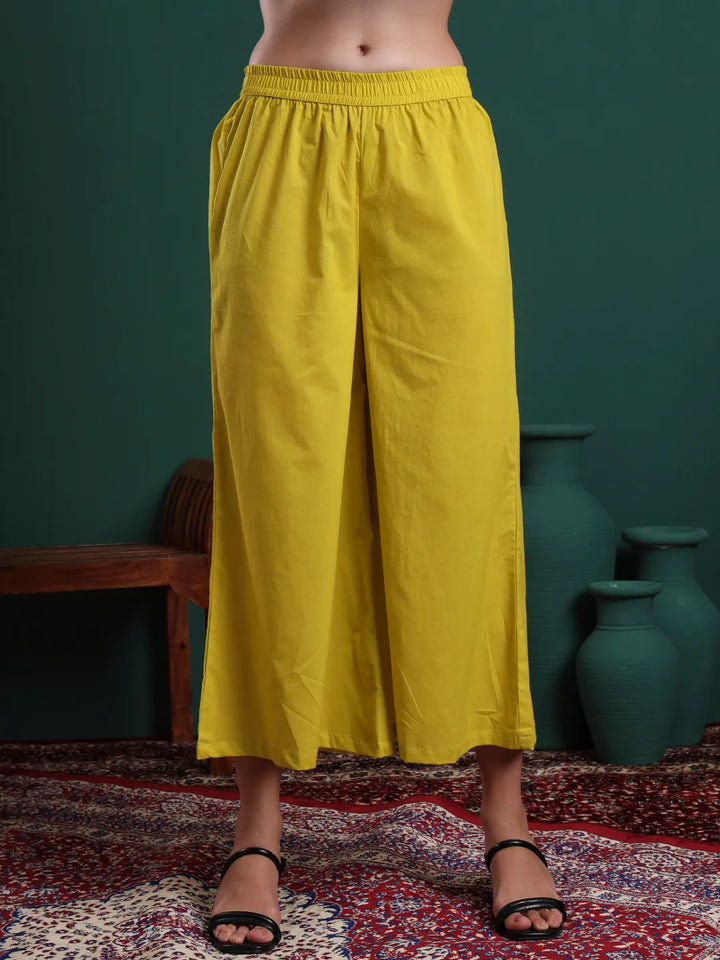 Mustard Cotton Aline Halter Neck Kurta Palazzo & Dupatta Set