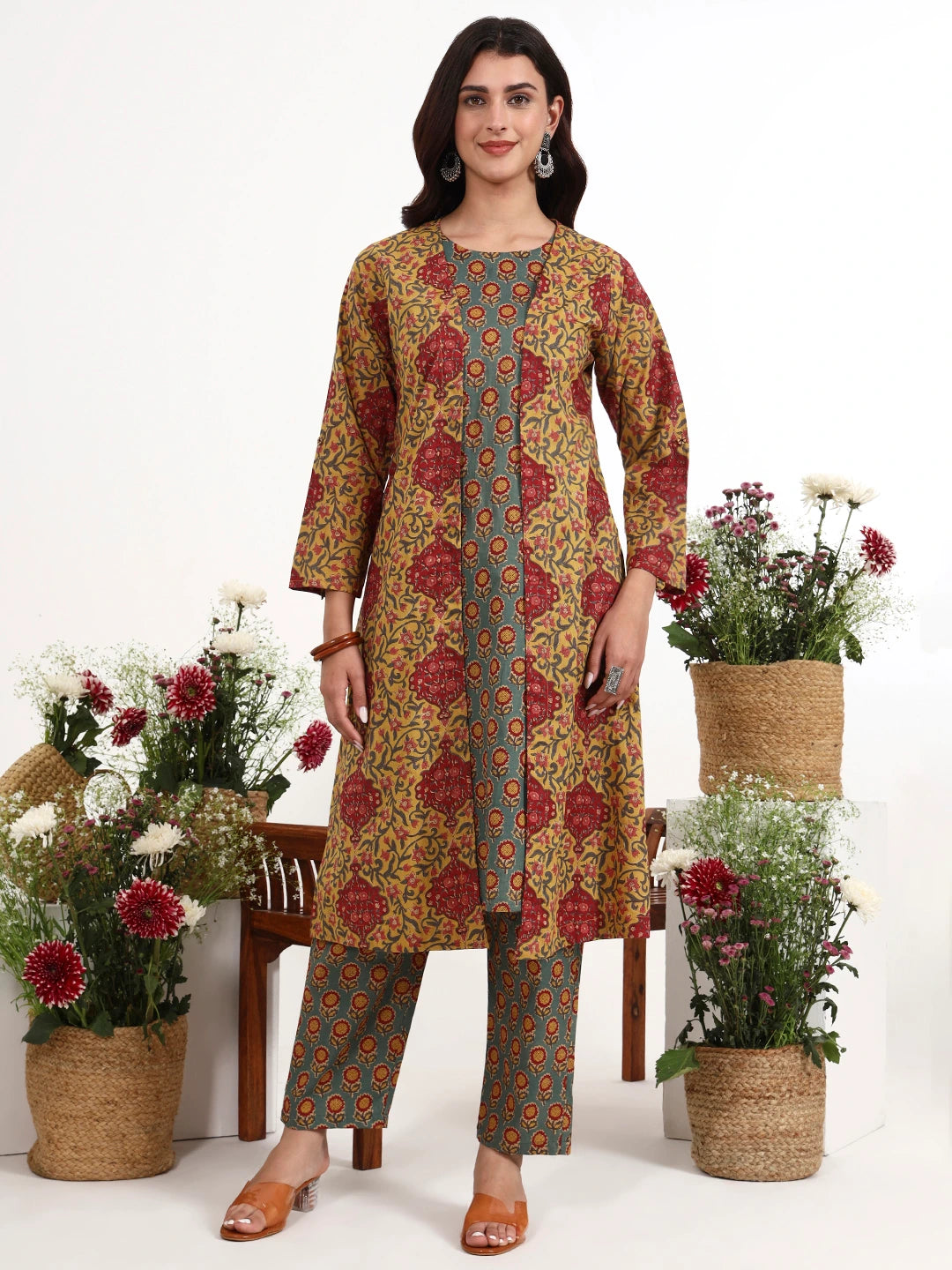Mustard Cotton Aline Style Co-Ord Set-Yufta Store-7616CRDMSM