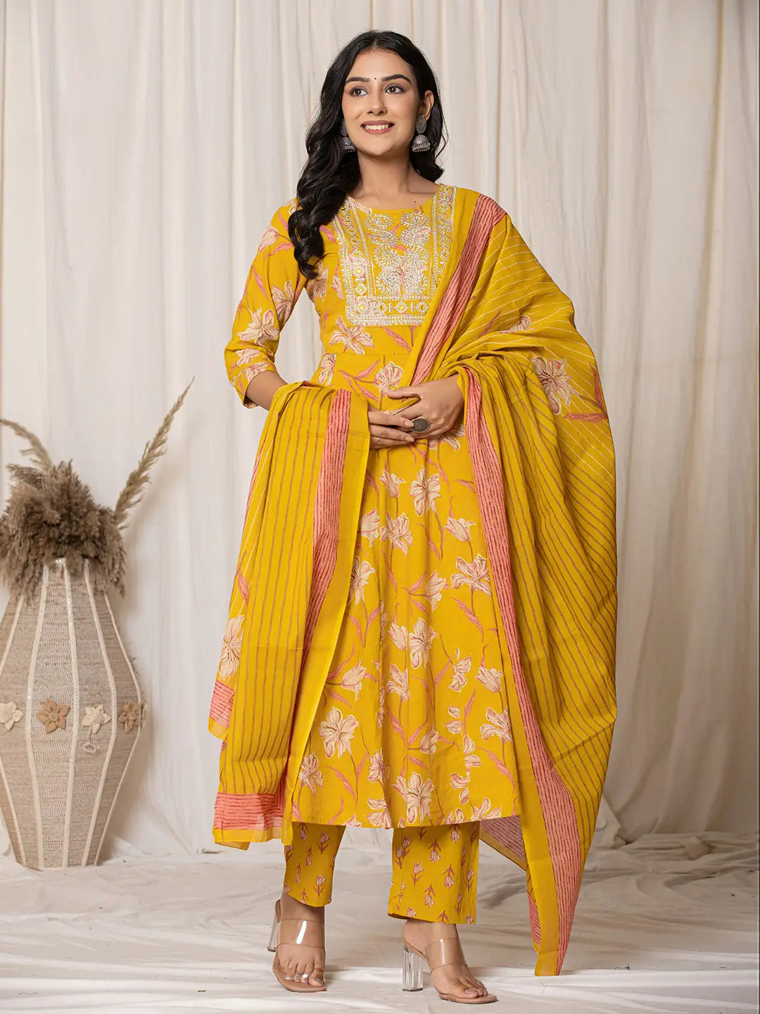 Mustard Cotton Dori_Embroidery Anarkali Kurta Dupatta Set-Yufta Store-6012SKDMSS