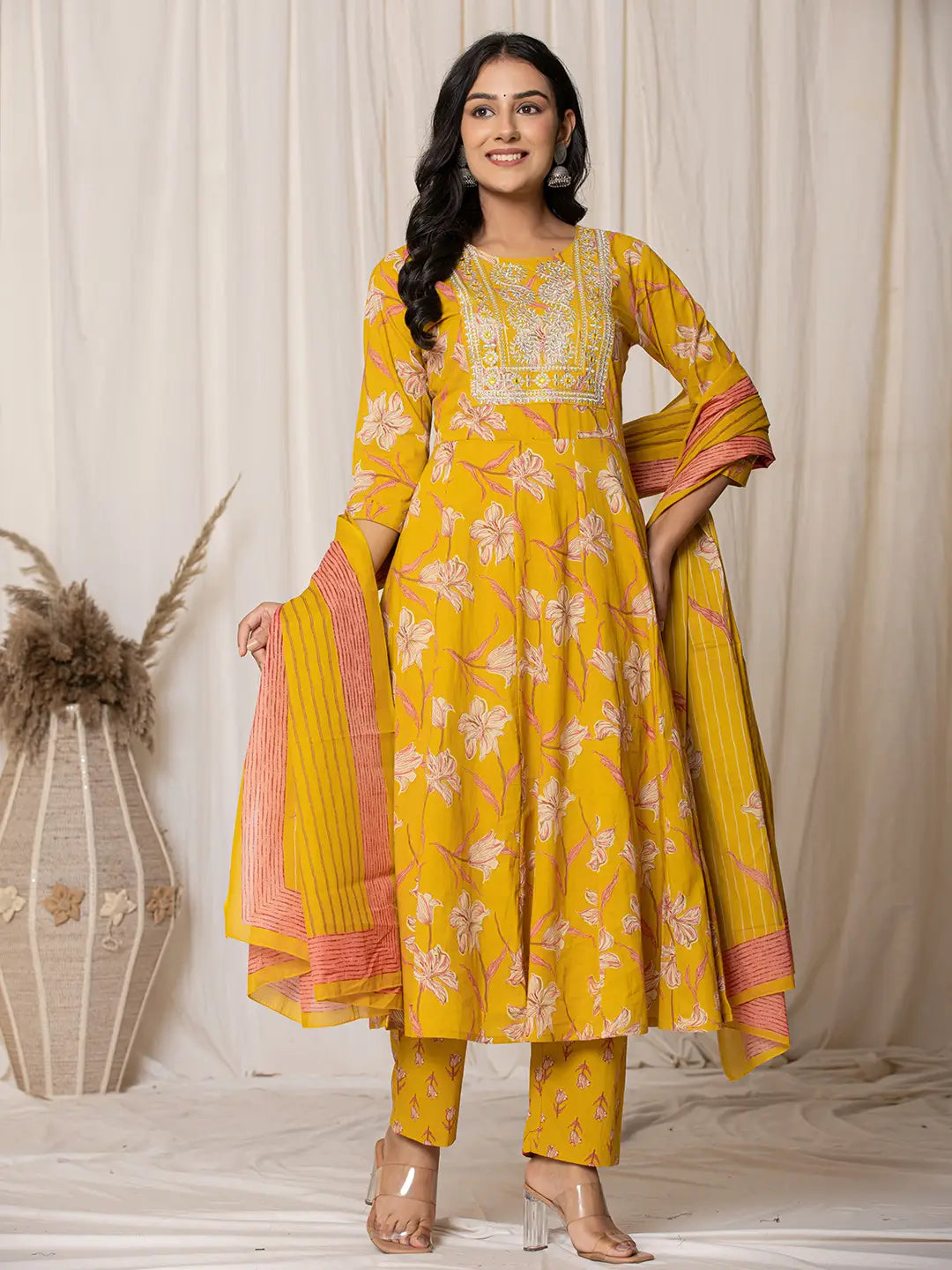 Mustard Cotton Dori_Embroidery Anarkali Kurta Dupatta Set-Yufta Store-6012SKDMSS