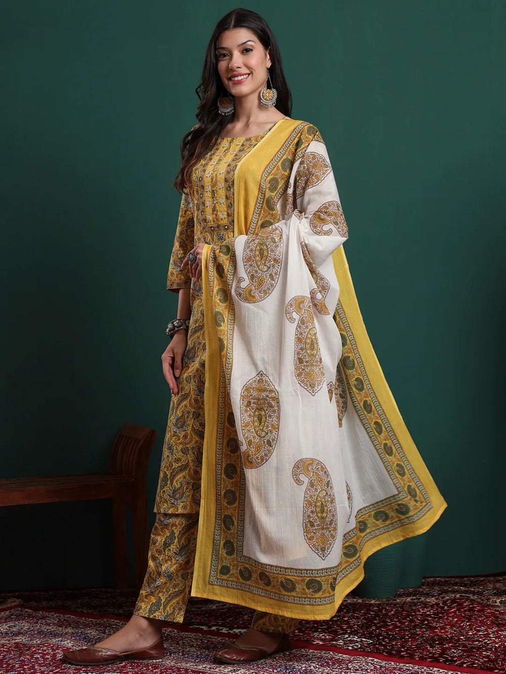 Mustard Cotton Ethnic Motifs Beads And Stones Kurta Pants Dupatta Set-Yufta Store-6343SKDMSM